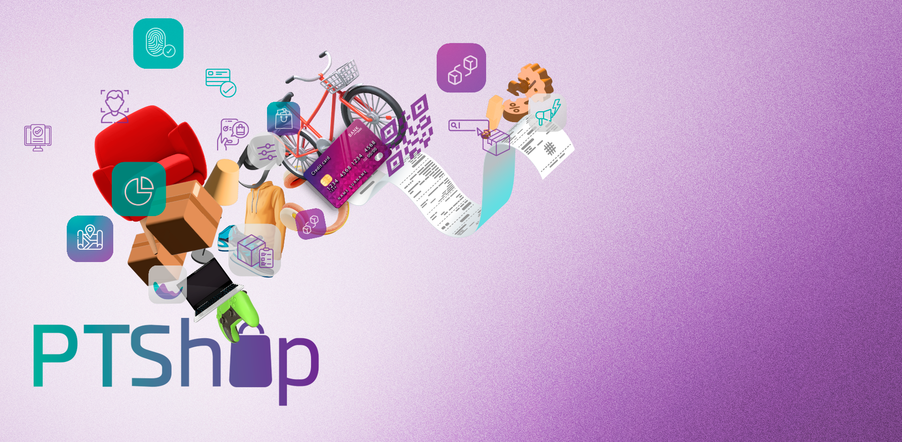 Ilustración principal de PTShop que representa una tienda digital moderna y global